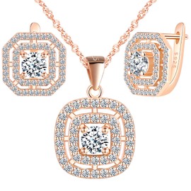 Yumilok Round Square Cubic Zirconia 925 Sterling Silver women Jewelry Set Pendant Necklace Earrings rose gold