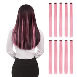 Hair Extension Clips 10pcs in Pink 20 Inch Straight Hair Synthetic Fiber Hairpieces for Party