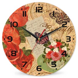 DEMACYA Vintage Rose and Butterfly Wall Clock, Contemporary Home Decor Easy to Read Wall Clock for Living Room, Bedroom, Bathroom and Kitchen, 10 Inch