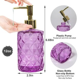 YYTSGG Glass Soap Dispenser with Gold Plastic Pump, 12oz Refillable Liquid Hand Soap Dispenser, Crystal Lotion Bottle for Modern Home Decor, Bathroom, Kitchen Countertop, Hotel(Rosy)