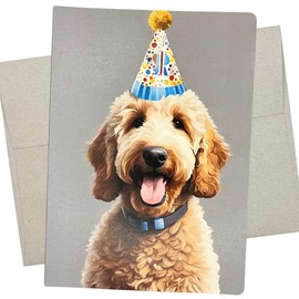 Whitman and Daughter Goldendoodle Birthday Card (1 Premium Card, 5X7 Inches, Blank Inside) Happy Goldendoodle wearing a birthday hat at a party - 641