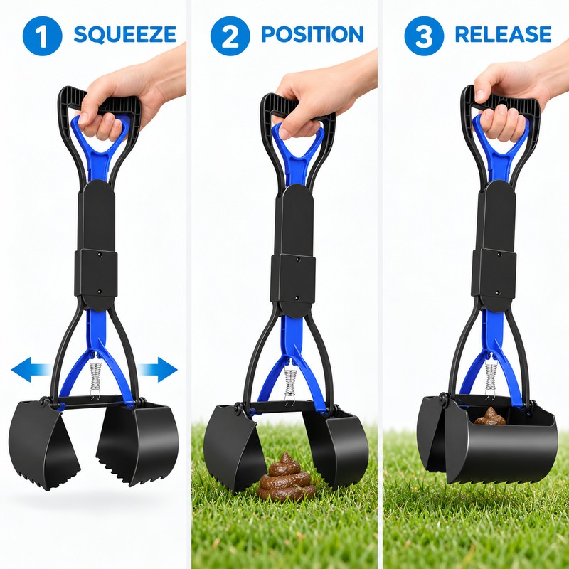 23.6-Inch Folding Dog Pooper Scooper with Long Handle, Spring-Loaded Claw