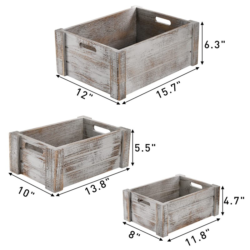 Hacaroa 3 Pack Wood Crates with Handles, Rustic Nesting Storage
