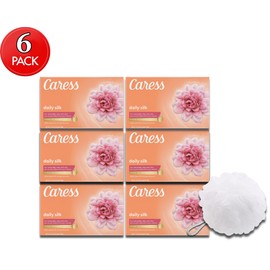 Caress Beauty Bar Soap Bundle with Bonus bath Sponge Loofah For Silky, Soft Skin Daily Silk With Silk Extract and Floral Oil Essence 3.75 oz (6)