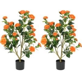 38 inch 2 Pack Artificial Orange Camellia Trees in Pot