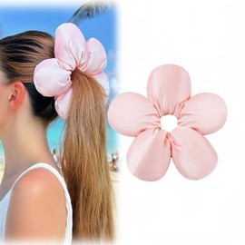 Large Pink Flower Silk Srunchie for Women Girls 6.69” Oversized 3D Blossom Satin Hair Tie Cute Floral Accessories for Ponytail Buns Birtday Decoration