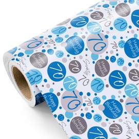 WRAPAHOLIC 70th Birthday Wrapping Paper - Mini Roll - 17 Inch x 33 Feet - Blue 70th Birthday Design for Birthday, Party, Holiday
