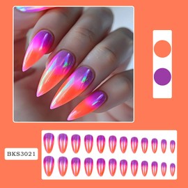 LOPMNGHT French Tip Press on Nails Medium Almond Gradient Aurora False Nails Purple Orange Design Full Cover Coffin Nails Artificial Stick on Nails Glossy Glue on Nails for Women DIY Manicure 24Pcs
