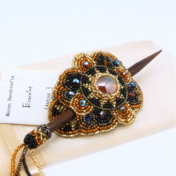 BEAUTIFUL Beaded Hair Barrette with Wood Stick (Gold)