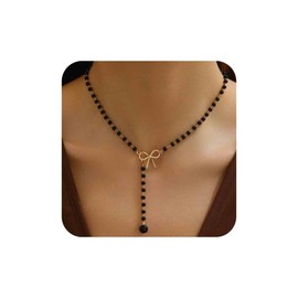 Aneneiceera Vintage Black Crystal Y Lariat Necklace Gold Hollow Bow Choker Necklace Black Rosary Pearl Lariat Necklace Long CZ Drop Necklace Chain Jewellery for Women, Zinc