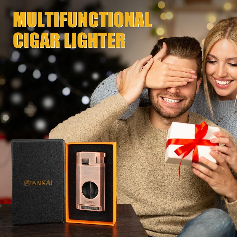 FANKAI Cigar Torch Lighter with Cigar V Cutter Cigar Punch