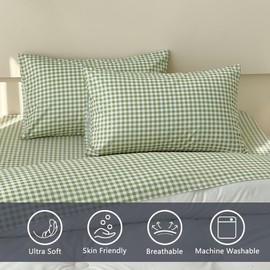 NSNLGSGC Sage Green Gingham Queen Sheet Set, Soft Brushed Microfiber Plaid Queen Bed Sheets, 4-Pieces Grid Sheet Set with Deep Pocket