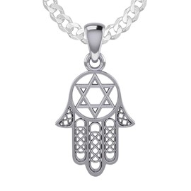 US Jewels Men's 1.33in 925 Sterling Silver Hamsa Jewish Star of David Pendant 3.7mm Curb Necklace, 20"