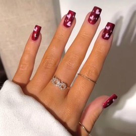 IMRAIN Valentine's Day Press on Nails Short Square Fake Nails with Pink Heart Designs Wine Red Acrylic Nails Press ons Glossy Cute Glue on Nails for Women Girls 24Pcs Squoval Stick on Nails