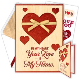 Decorably Individual Glittery Wood Valentine's Day Card with Die-Cut Hearts & Ribbon - 5x7in Valentine's Day Card Wood Valentine Card Set with Envelope & Stickers, Wood Valentine Day Card with Message