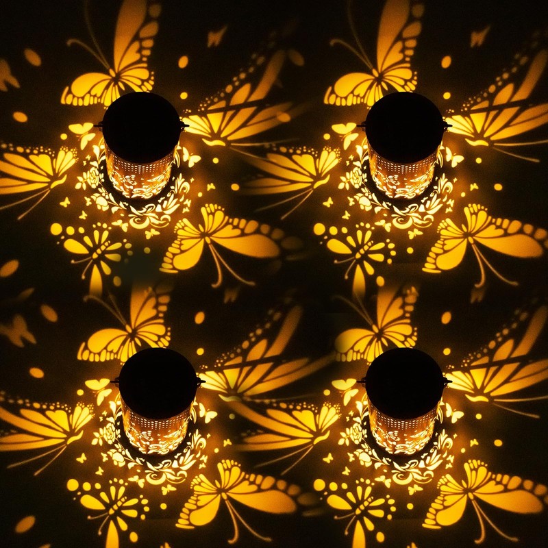 Butterfly Solar Lanterns Outdoor Hanging, Hollowed-Out Metal Waterproof LED Garden