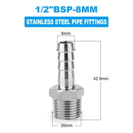 ERGAOBOY 10 Pcs 304 Stainless Steel 8 MM Barb to 1/2" BSP Male Hose Barb Fittings, Compression Fitting for Water, Industrial