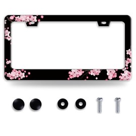 Cherry Blossoms License Plate Frame Beautiful Pink Flowers License Plate Frames Funny for Car Decorative Parts Stainless Stee License Plate for Standard Us Canada License Plate Holder 12x6 Inch