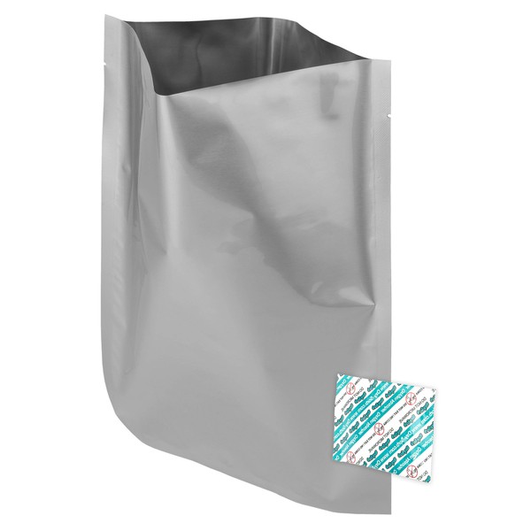 Dry-Packs 2-Gallon, 10"x16" Mylar Bags and 300cc Oxygen Absorbers, 100 Pack - For Food Shipping & Storage, Silver, Model Number: AI-10075