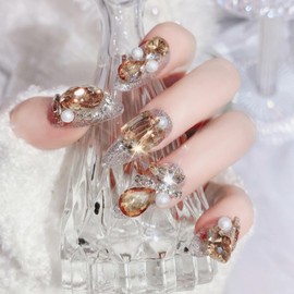 Hkanlre Medium Almond Press on Nails Luxury Fake Pearl Nails Tips Full Cover False Bling Big Rhinestones Nails for Women and Girls