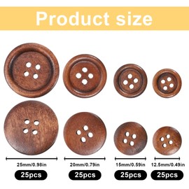 100 Pcs Wooden Buttons 4 Hole Round Buttons Bulk Brown Wooden Sewing Replacement Button Wood Sewing Button 1/2 Inch to 1 Inch (4 Size) for DIY Crafts Sewings Project