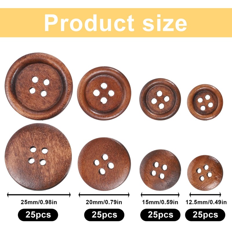 100 Pcs Wooden Buttons 4 Hole Round Buttons Bulk Brown