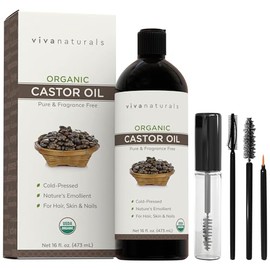 Viva Naturals Certified Organic Castor Oil (16 oz) â€" 100% Pure and Hexane Free + BONUS Mascara Kit Included, Perfect for Hair Care, Eyelashes and Br