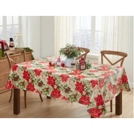 Newbridge Majestic Winter Poinsettia Festive Floral Christmas Print Vinyl Flannel Backed Tablecloth, Noel and Holly Berry Xmas Easy Care Wipe Clean Tablecloth, 60 Inch x 84 Inch Oblong/Rectangle