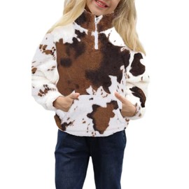 Girls Cow Print Sweatshirt Cute Sherpa Fleece Pullover Zip Closure Casual Fuzzy Coat with Pockets