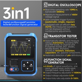 Jadeshay Oscilloscope, DSO-TC3 3-in-1 Portable Handheld Oscilloscope, Digital Oscilloscope, Transistor Tester and Signal Generator, with 2.4 Inch Colour Screen, 500 kHz Bandwidth
