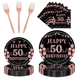 Rakuto 50th Birthday Party Plates - 96PCS 50th Birthday Party Decorations Supplies for Her Rose Gold 50th Party Tableware Plates Napkins Forks Cheers to 50th Birthday Party Supplies Women (24 Guests)