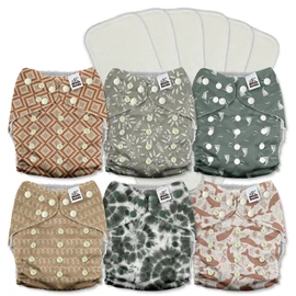 Mama Koala 3.0 Pocket Cloth Diapers for Babies with AWJ Lining, 6 Pack with 6 5-Layer Natural Cloth Diaper Inserts - Reusable and Washable Pocket Diapers(A-Calm Spring)