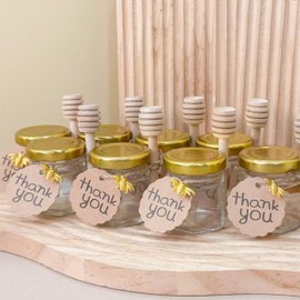 Golibra 20PCS Mini Honey Jars: Bee Themed Hexagon Glass Honey Jars - Golden Lids Wooden Dippers Bee Pendants Thank You Tags Twine - Ideal for Baby Shower Bridal Wedding Favors Birthday Party Favor