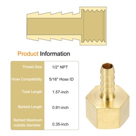 sourcing map 5pcs Brass Barbed Fitting 1/2" NPT Female to 5/16" Hose ID for Home Brew Pipe Fitting Direct Thread Connector Durable Construction
