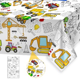 Giant Construction Party Coloring Tablecloth for Kids - Huge Construction Theme Table Cover Large Dump Truck Vehicle Painting Poster for Children Birthday Party Supplies 54x108 Inch