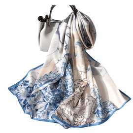 MEISEE 100% Mulberry Silk Long Scarf for Women Large Oblong Sunscreen Shawls Wraps Neck Headscarf Hair Wraps with Gift Packed (beige blue floral)