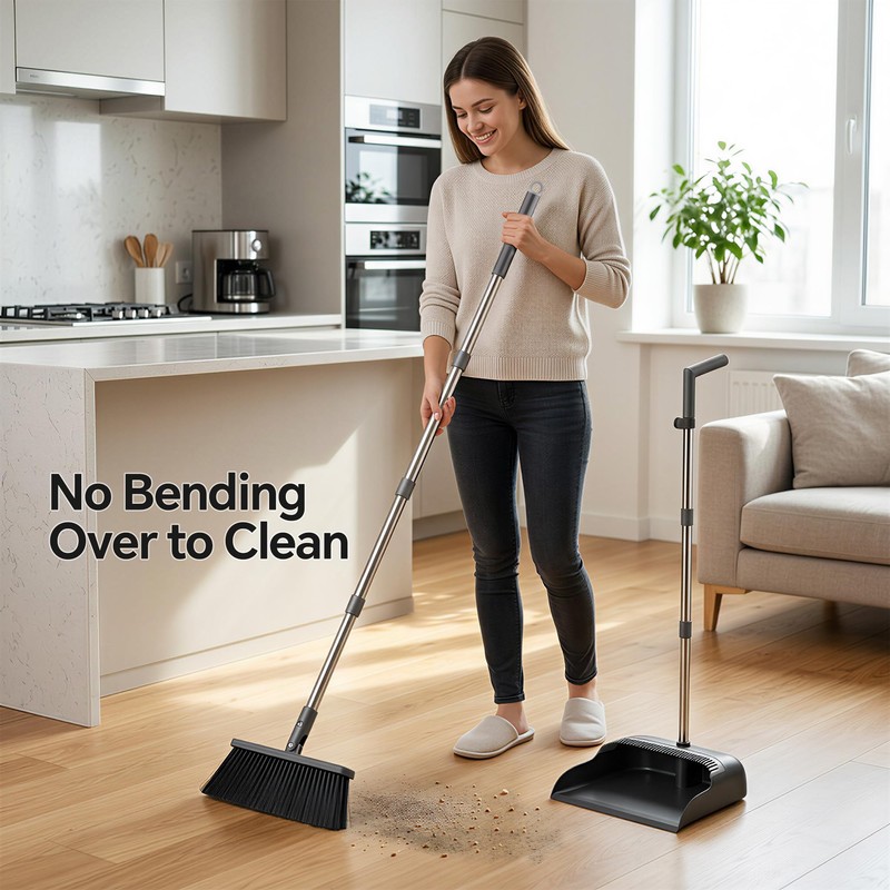 Spreezy Broom with Dustpan Combo Set, 52" Long Handle Standing