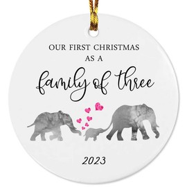 Our First Christmas as a Family of 3 Elephant 2023 Christmas Ornament Growing Family of 3 Baby Shower Gift Mama Papa Baby New Parents Present Family Circle Ceramic with Gift Box