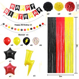 Cartoon Monster Birthday Decoration,Red Black Yellow Party Supplies,Include Cartoon Balloons Happy Birthday Banner Fringe Curtain Tissue Paper Pompoms Garland