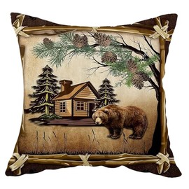 Cariwotan Retro Brown Bear Cabin Green Trees Field Fall Y'all Autumn Decorative Pillowcase Throw Pillow Cover Case Chair Sofa Bed Home Decoration Cotton Linen Square 18 x 18 Inches
