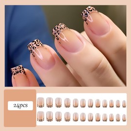 French Tip Nails - 24pcs Medium Square False Nails - 12 Sizes Pink Leopard Print Fake Nails with Glue - Glossy Full Cover Press On - Removable DIY Nail Art for Women Girls Valentines Day Gift