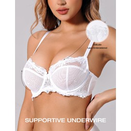 Deyllo Womens Lace Bra Unlined Underwire Embroidered Plus Size Bra Non Padded (White,36H)