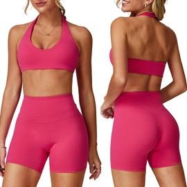 OMEWEE Two piece yoga short set for women with Halter top and gym short Matching workout sets for yoga,Pilates,run Rose pink L