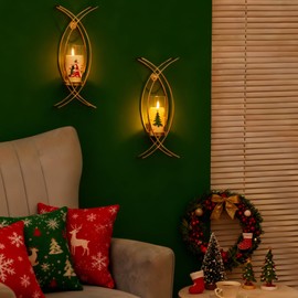 Walasis Sconces Wall Decor Set of 2 Hurricane Candle Holder - Modern Decorative Candle Wall Sconce Golden Metal Wall Mount Gold Decorations for Living Room Bedroom Bathroom Hallway Outdoor