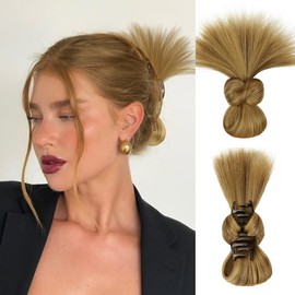 SUKRI Claw Clip Ponytail Extensions for Women,Honey Blonde Slick Back Bun,Natural Style Synthetic Clip-on Feather Bun for Daily Party(Honey Blonde Mixed Brown)