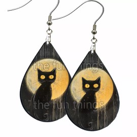 the fun things Drip Style Spooked Black Cat Full Moon Earrings Teardrop Wood Cat Lover Gift