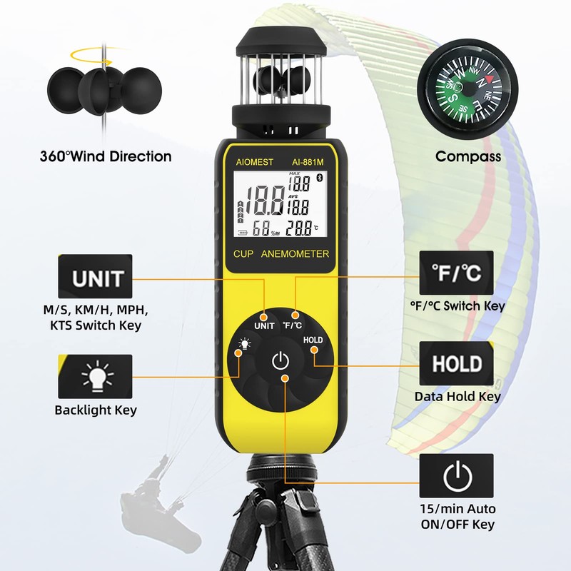 AIOMEST Handheld Wind Cup Anemometer with Direction, Digital Wind Speed