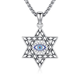 CRWENG Evil Eye Necklaces 925 Sterling Silver Star of David Pendant Amulet Pendant Necklace Jewish Jewellery Gift for Men Women