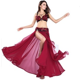 ROYAL SMEELA Belly Dance Costume Women's Set Belly Dance Bra Belt Skirt Suit Belly Dance Dresses Chiffon Skirts Embroidery Bra Belt Skirts 3pcs Belly Dance Dress for Women Oriental Belly Dance Outfit