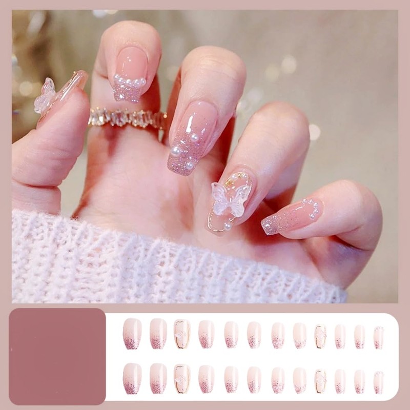 SEMTIM Nail Tips, 24 Pieces, Medium, Short, Round False Nails,